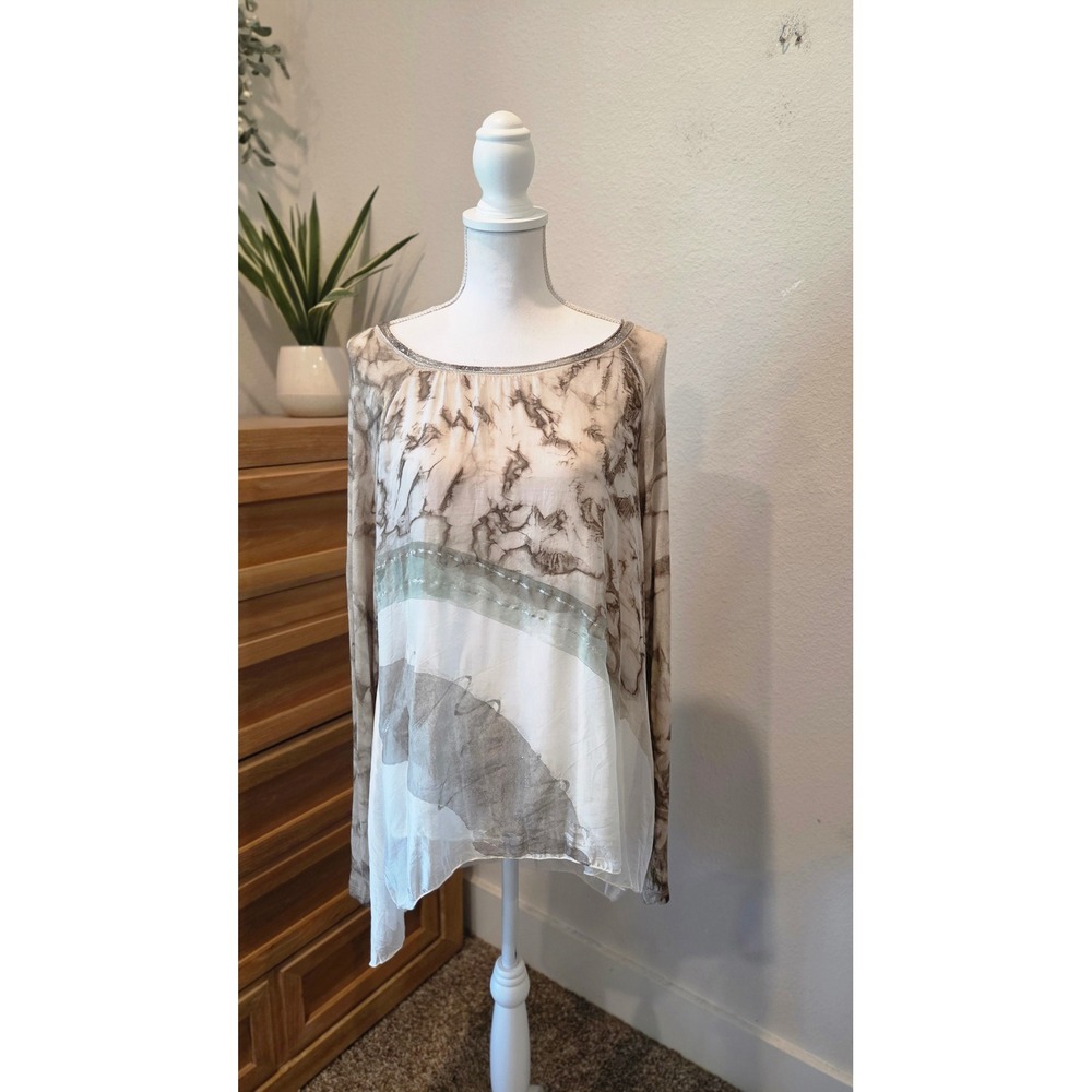 Belle France Tunic Silk Blend Abstract Marble Relaxed Neutral Artsy XL